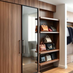 A modern closet seamlessly integrated into a wall with sliding doors, showcasing a sleek and contemporary design