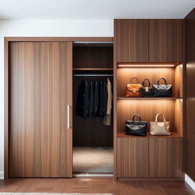 A modern closet seamlessly integrated into a wall with sliding doors, showcasing a sleek and contemporary design