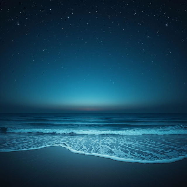 A beautiful scene featuring a serene ocean at the bottom of the image with gentle waves lapping at the shore, under a stunning night sky filled with glittering stars