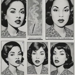 Three black and white comic-style stamps illustrated with portraits of women vaping, each of a different race