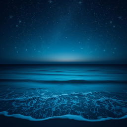 A beautiful scene featuring a serene ocean at the bottom of the image with gentle waves lapping at the shore, under a stunning night sky filled with glittering stars