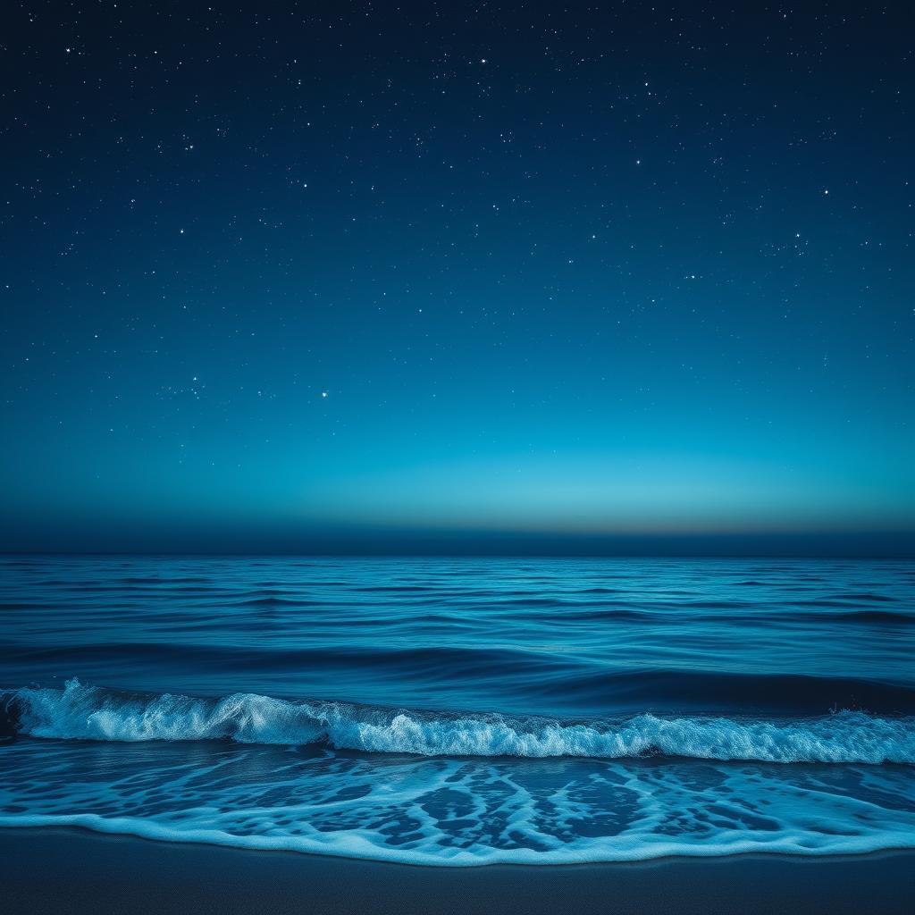 A beautiful scene featuring a serene ocean at the bottom of the image with gentle waves lapping at the shore, under a stunning night sky filled with glittering stars