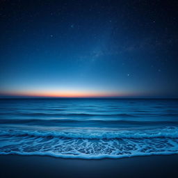 A beautiful scene featuring a serene ocean at the bottom of the image with gentle waves lapping at the shore, under a stunning night sky filled with glittering stars