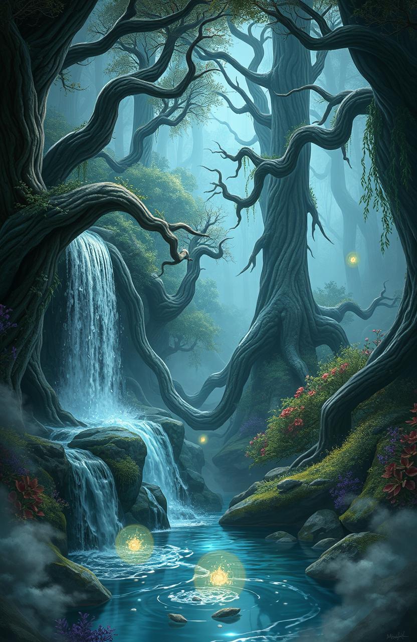 A mystical landscape depicting 'Amaro and the Curse of Nyxwold Forest'