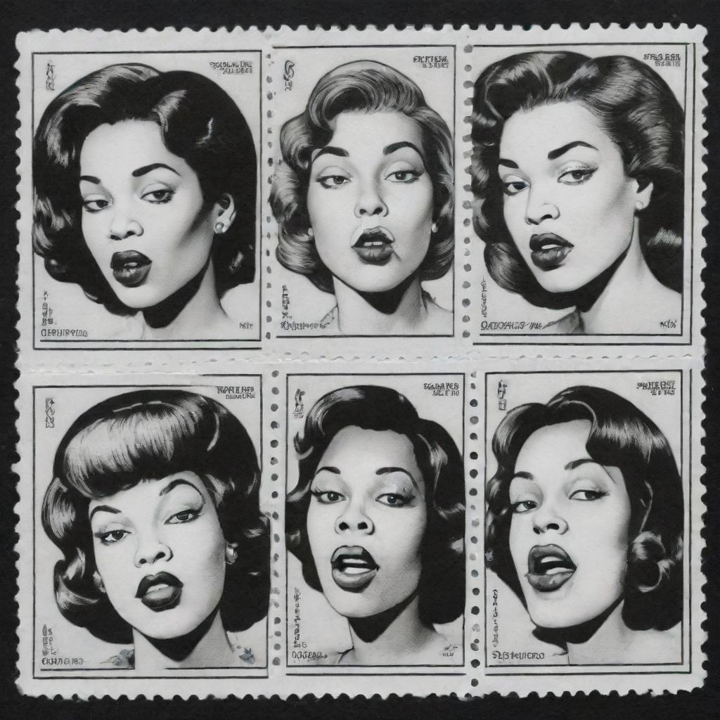 Three black and white comic-style stamps illustrated with portraits of women vaping, each of a different race