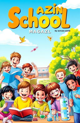A vibrant and colorful school magazine cover, featuring a diverse group of happy students engaged in various activities such as reading books, painting, playing sports, and participating in science experiments