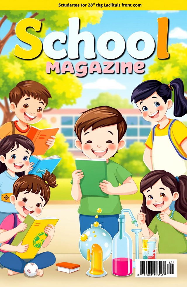 A vibrant and colorful school magazine cover, featuring a diverse group of happy students engaged in various activities such as reading books, painting, playing sports, and participating in science experiments