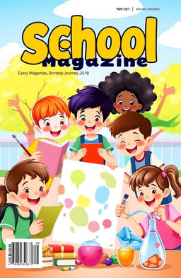 A vibrant and colorful school magazine cover, featuring a diverse group of happy students engaged in various activities such as reading books, painting, playing sports, and participating in science experiments
