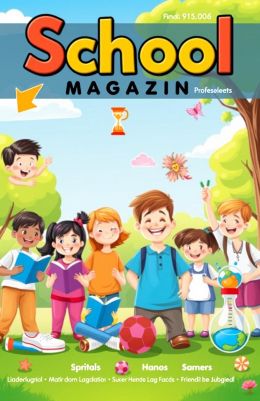 A vibrant and colorful school magazine cover, featuring a diverse group of happy students engaged in various activities such as reading books, painting, playing sports, and participating in science experiments