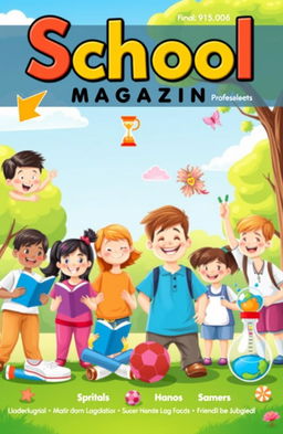 A vibrant and colorful school magazine cover, featuring a diverse group of happy students engaged in various activities such as reading books, painting, playing sports, and participating in science experiments