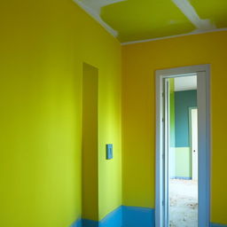 A 12x12 room with a door and one window. One wall is painted in pure dark yellow, the others in light green. The ceiling is white and the floor is a vibrant blue.