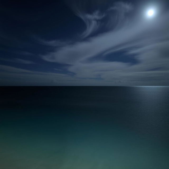 An expansive ocean scene at night, where the ocean stretches to the horizon with no beach visible at the bottom, creating a continuous body of water