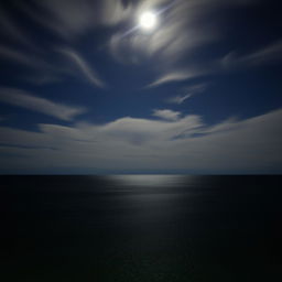 An expansive ocean scene at night, where the ocean stretches to the horizon with no beach visible at the bottom, creating a continuous body of water