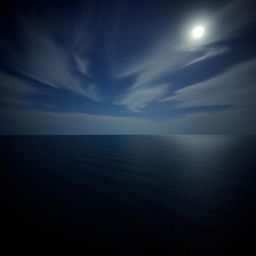 An expansive ocean scene at night, where the ocean stretches to the horizon with no beach visible at the bottom, creating a continuous body of water