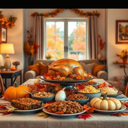 A festive Thanksgiving-themed virtual Zoom background featuring a cozy and inviting living room adorned with autumn decorations