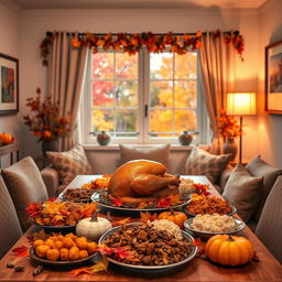 A festive Thanksgiving-themed virtual Zoom background featuring a cozy and inviting living room adorned with autumn decorations