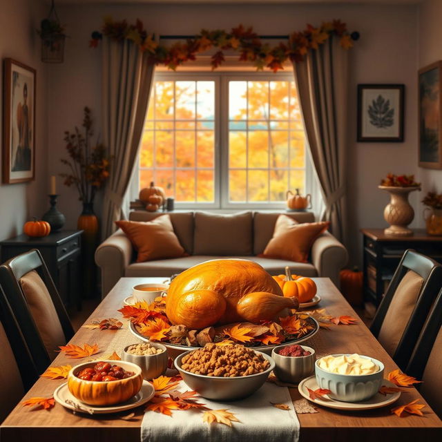 A festive Thanksgiving-themed virtual Zoom background featuring a cozy and inviting living room adorned with autumn decorations