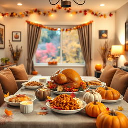 A festive Thanksgiving-themed virtual Zoom background featuring a cozy and inviting living room adorned with autumn decorations