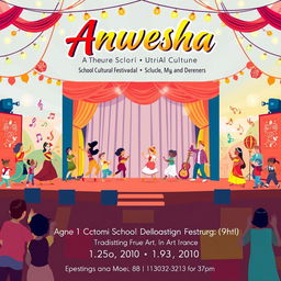 A dynamic event poster for 'Anwesha', a school cultural festival featuring a variety of performances and art displays