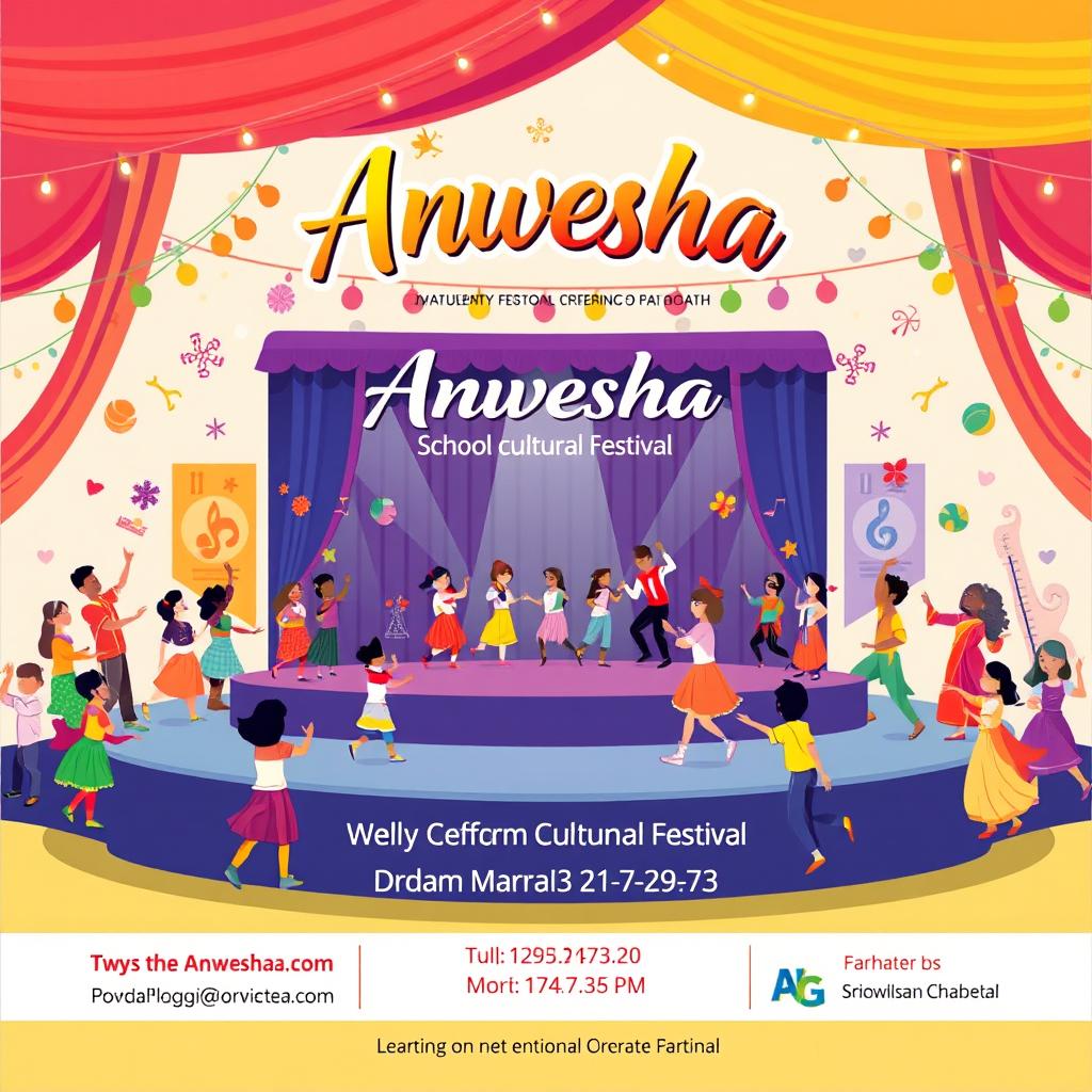 A dynamic event poster for 'Anwesha', a school cultural festival featuring a variety of performances and art displays