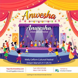 A dynamic event poster for 'Anwesha', a school cultural festival featuring a variety of performances and art displays