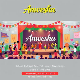 A dynamic event poster for 'Anwesha', a school cultural festival featuring a variety of performances and art displays