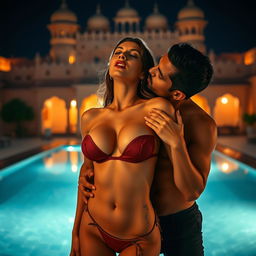 A sensual scene set in a Rajasthani fort resort, featuring an enchanting woman in a bikini, showcasing her cleavage and navel