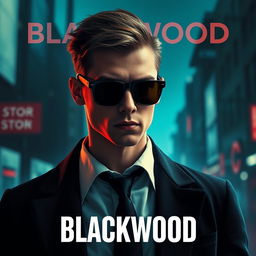 A captivating image styled as a spy thriller, showcasing a young man as the central character with a strong, enigmatic presence reflecting his role as a spy