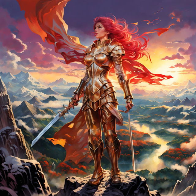 A victorious woman in armor stands atop a mountain at sunset, holding aloft a glowing sword.