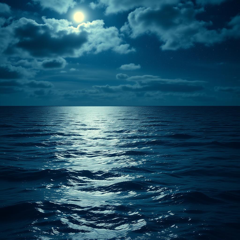 An expansive ocean scene with a tranquil surface reflecting the light of the moon and stars above, featuring no beach at the bottom