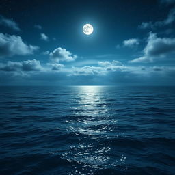 An expansive ocean scene with a tranquil surface reflecting the light of the moon and stars above, featuring no beach at the bottom