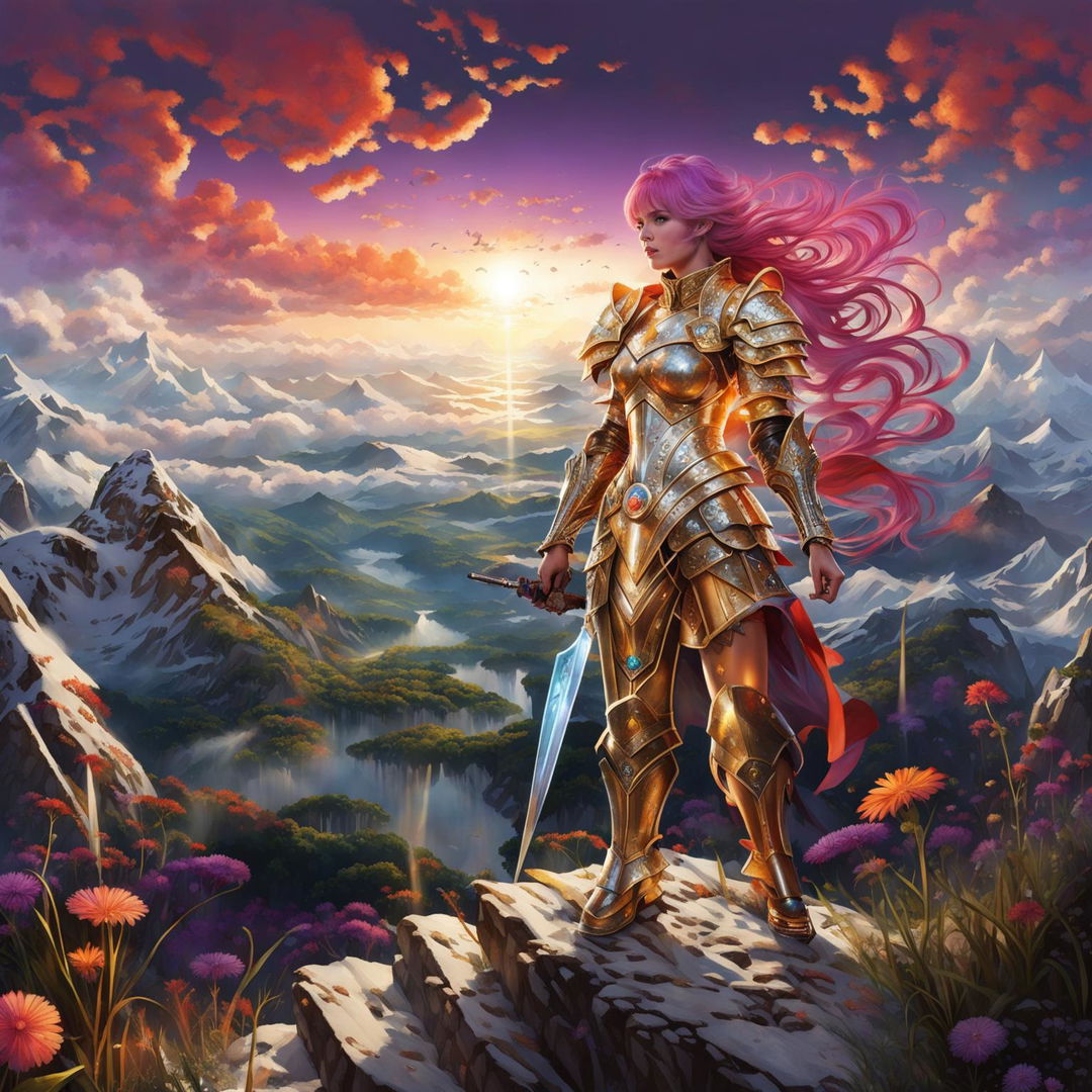 A victorious woman in radiant armor stands atop a diamond-dusted mountain at sunset, holding aloft a gem-adorned glowing sword