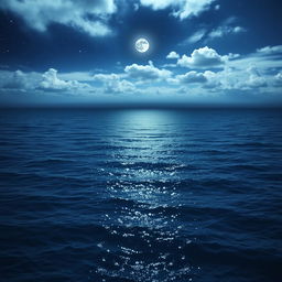 An expansive ocean scene with a tranquil surface reflecting the light of the moon and stars above, featuring no beach at the bottom
