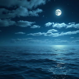 An expansive ocean scene with a tranquil surface reflecting the light of the moon and stars above, featuring no beach at the bottom