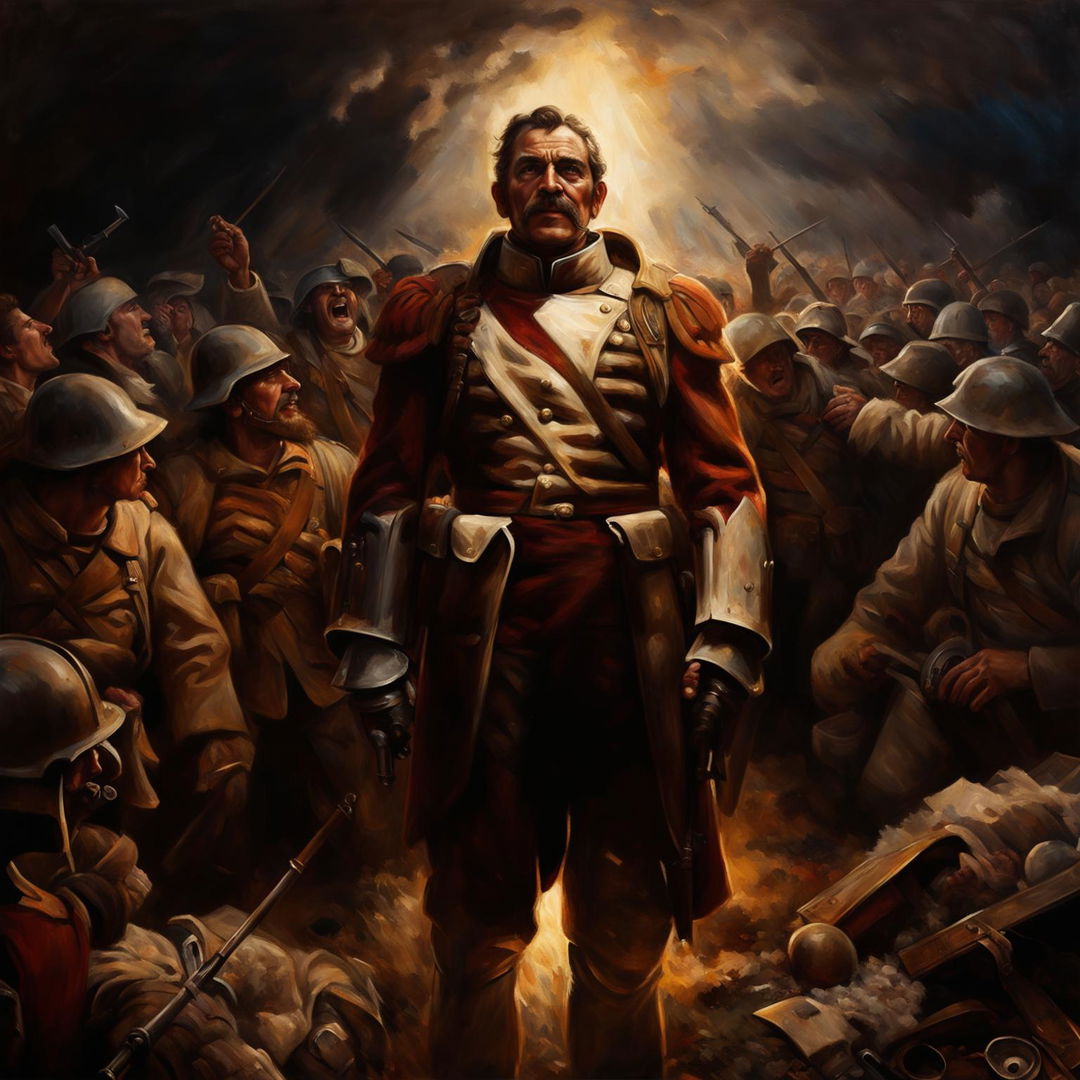 An oil painting of a victorious general on a battlefield, surrounded by cheering soldiers and a retreating enemy.