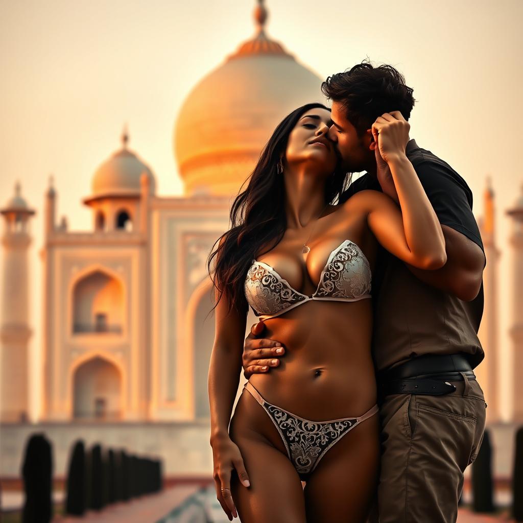 An intimate and sensual scene set in the iconic Taj Mahal, featuring a stunning woman in a bikini, beautifully showcasing her cleavage and navel