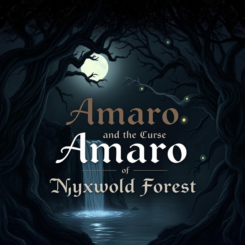 A dark and enchanting illustration for 'Amaro and the Curse of Nyxwold Forest'