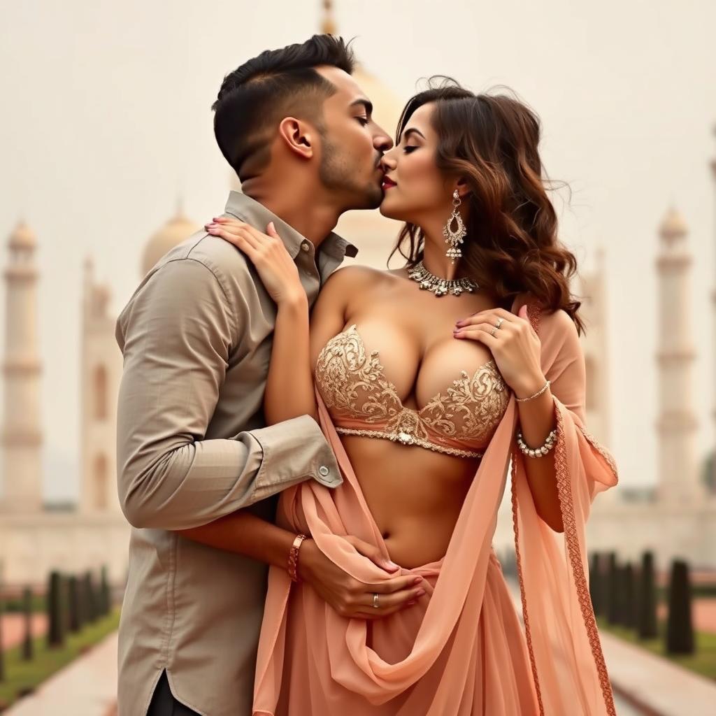 A sensual scene set against the breathtaking backdrop of the Taj Mahal, featuring an alluring woman in a low-waist chiffon lehenga, gracefully removing her choli to reveal her cleavage and navel