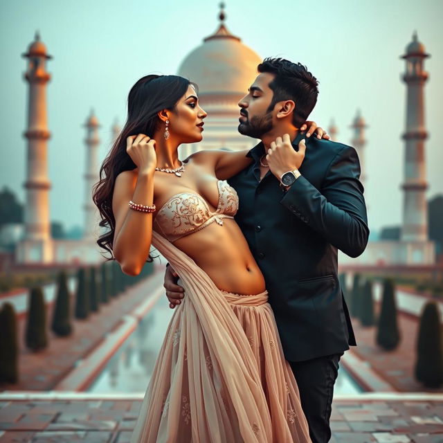 A sensual scene set against the breathtaking backdrop of the Taj Mahal, featuring an alluring woman in a low-waist chiffon lehenga, gracefully removing her choli to reveal her cleavage and navel