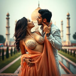 A sensual scene set against the breathtaking backdrop of the Taj Mahal, featuring an alluring woman in a low-waist chiffon lehenga, gracefully removing her choli to reveal her cleavage and navel