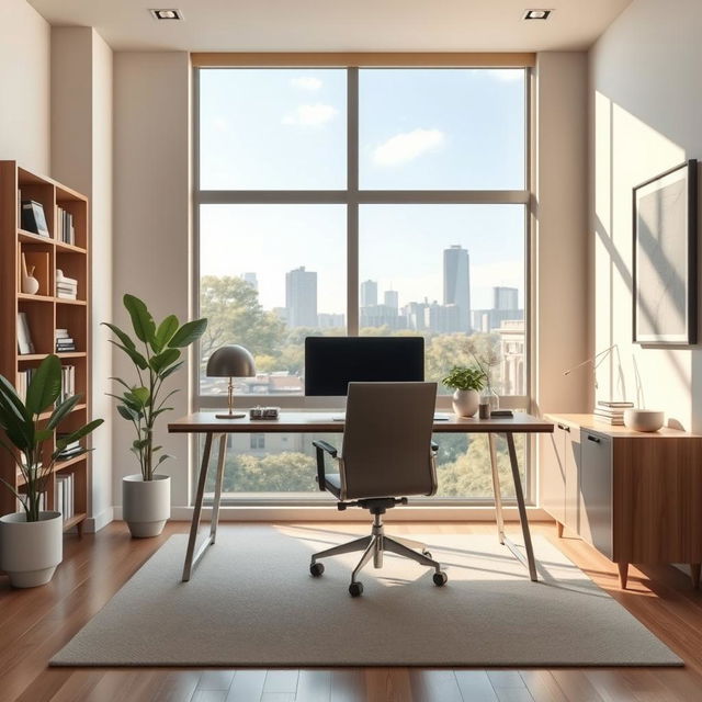 A professional and sophisticated Zoom background featuring a sleek modern office setting