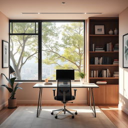 A professional and sophisticated Zoom background featuring a sleek modern office setting