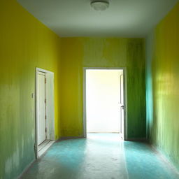 A 12x12 room with a door and one window. One wall is painted in pure dark yellow, the others in light green. The ceiling is white and the floor is a vibrant blue.