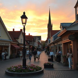 A charming, picturesque small town scene with cobblestone streets lined with quaint shops and cafes