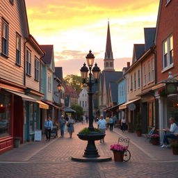 A charming, picturesque small town scene with cobblestone streets lined with quaint shops and cafes