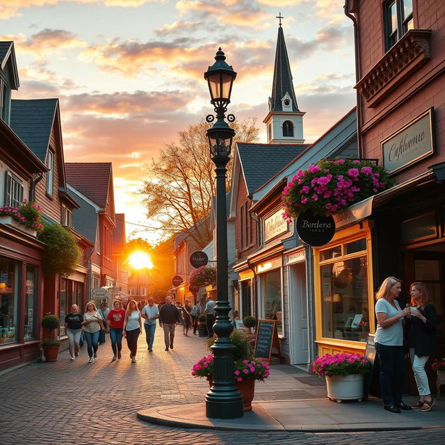 A charming, picturesque small town scene with cobblestone streets lined with quaint shops and cafes