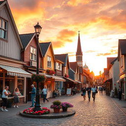 A charming, picturesque small town scene with cobblestone streets lined with quaint shops and cafes
