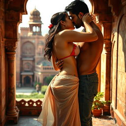 An intimate and sensual scene set in a Rajasthani fort, featuring a beautiful woman in a low-waist chiffon skirt as she delicately removes her bikini top, revealing her cleavage and navel