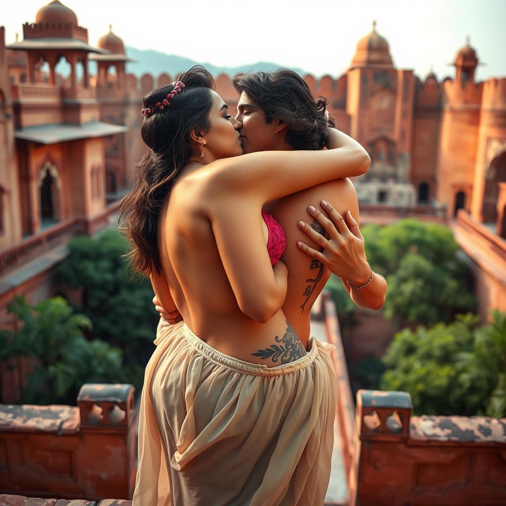 An intimate and sensual scene set in a Rajasthani fort, featuring a beautiful woman in a low-waist chiffon skirt as she delicately removes her bikini top, revealing her cleavage and navel