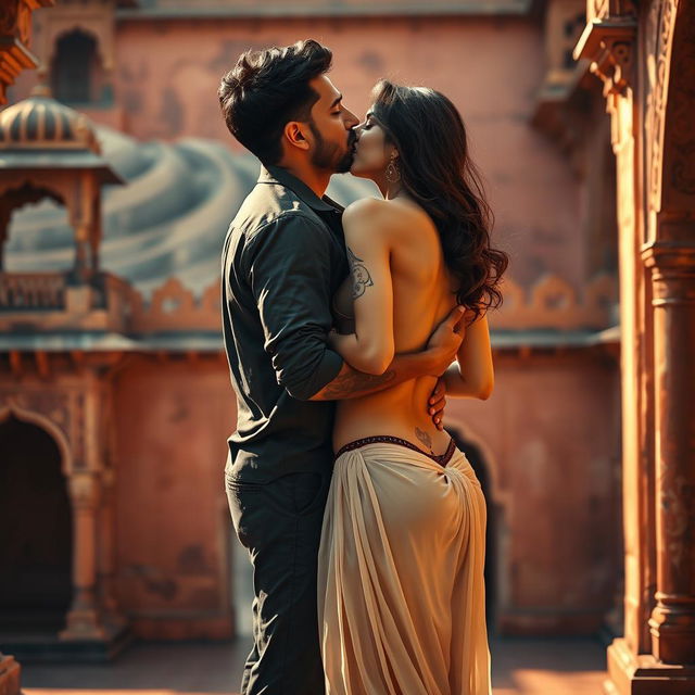 An intimate and sensual scene set in a Rajasthani fort, featuring a beautiful woman in a low-waist chiffon skirt as she delicately removes her bikini top, revealing her cleavage and navel